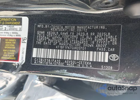 2012 Toyota Camry L z USA, uszkodzony, nr VIN 4T1BF1FK7CU620701